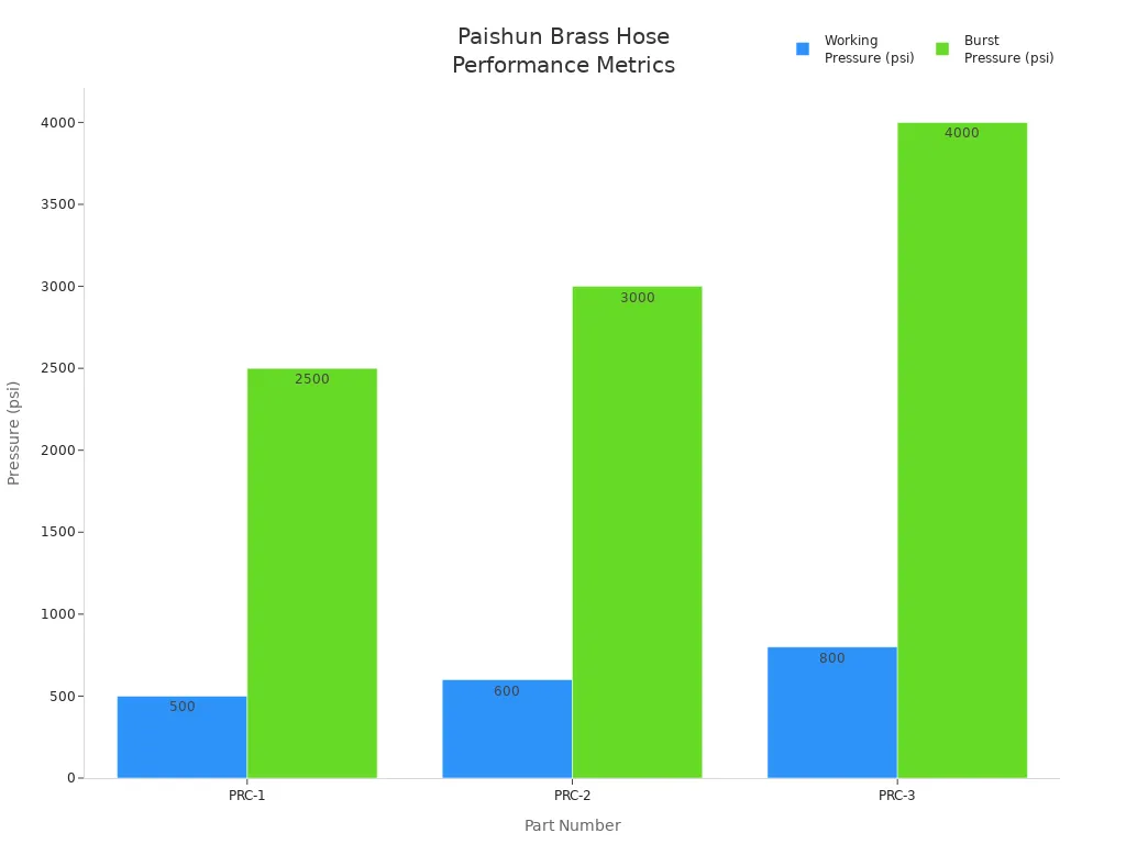 Bar chart comparing working and burst pressure for Paishun Brass Charging Hose Set